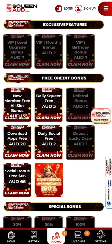 Squeenaud Casino promotions interface on a mobile device