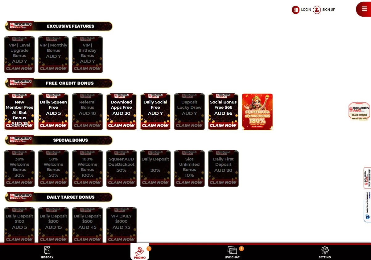 Squeenaud Casino promotions interface on desktop